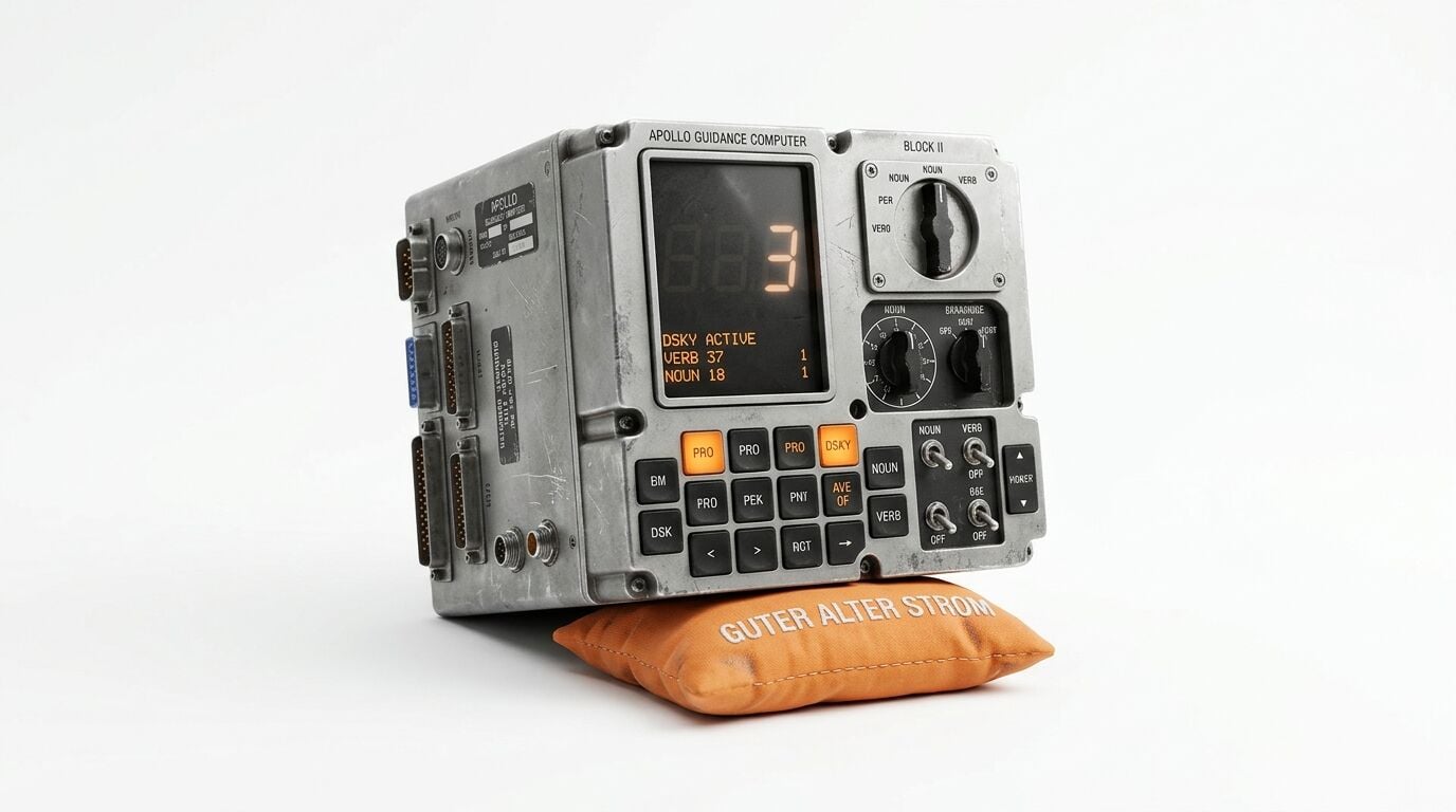 Vintage Computer auf orangefarbenem Kissen vor weißem Hintergrund