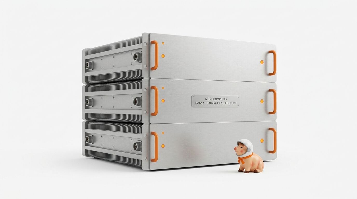 Drei silberne Serverracks mit orangen Griffen und einer Astronautenschwein-Figur davor