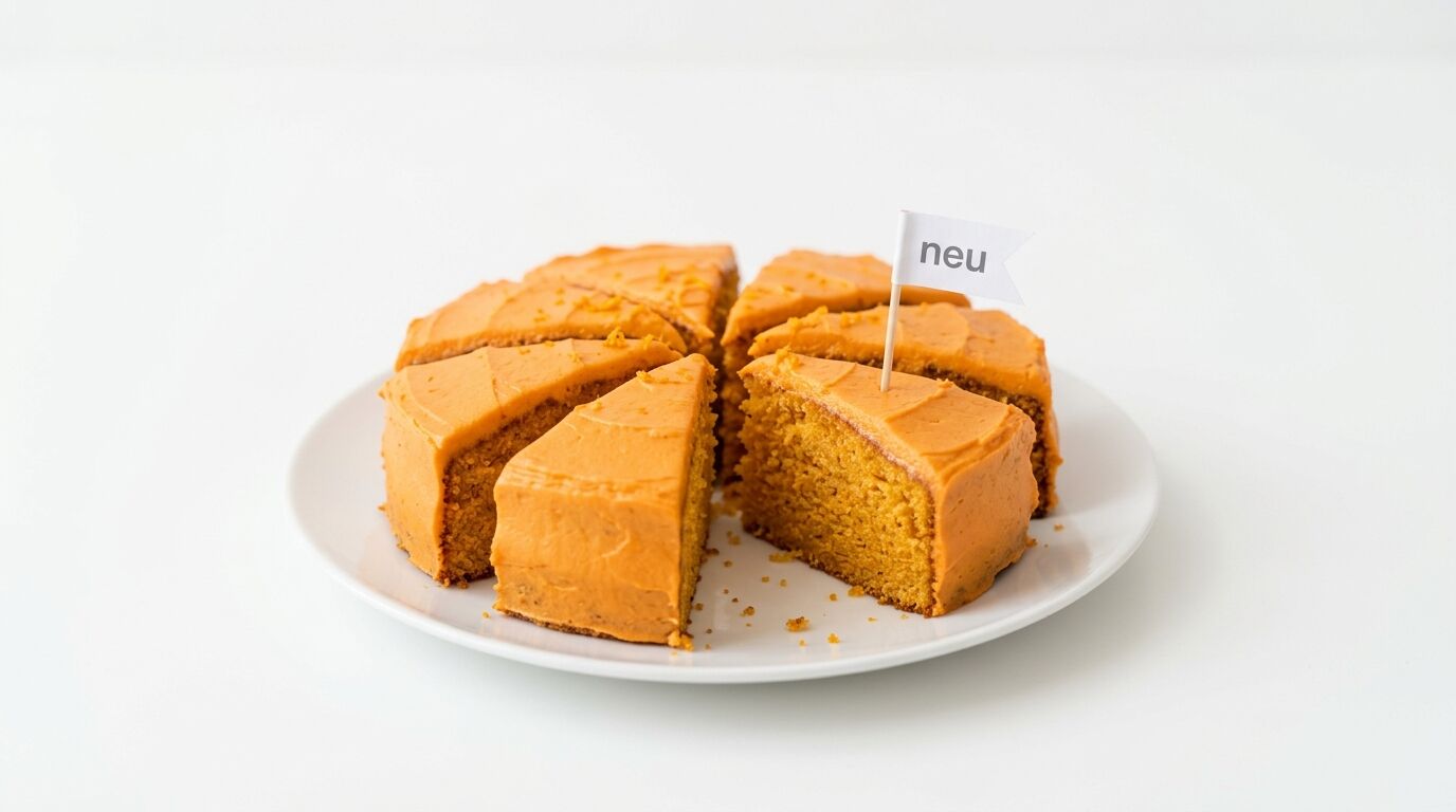 Aufgeschnittener orangefarbener Kuchen auf Teller vor weißem Hintergrund mit „neu“-Fahne