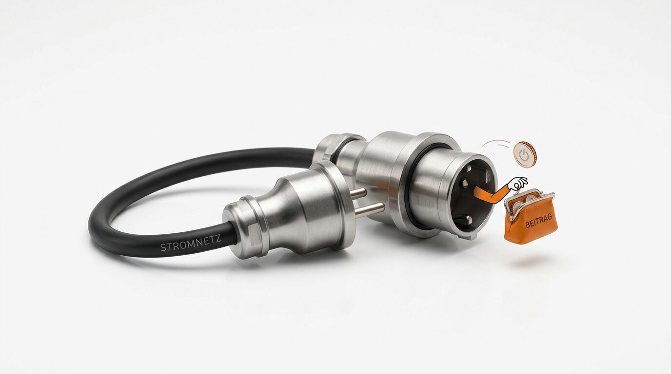 Eine Metallkupplung und ein Stecker, ein cartoonartiger Arm greift nach Münze und Beutel