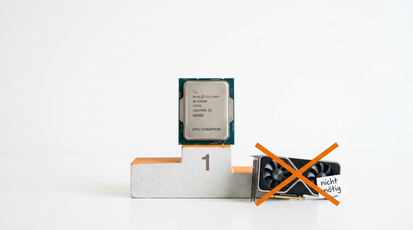 CPU auf Podest Platz 1; durchgestrichene Grafikkarte daneben mit Zettel „nicht nötig“