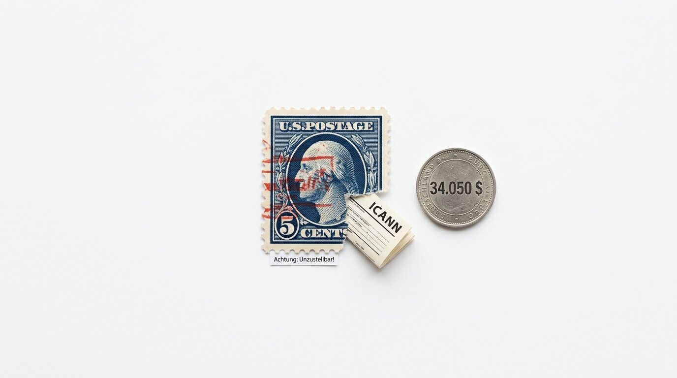 Alte US-Briefmarke, ICANN-Zettel und eine Münze mit Wert auf weißem Grund