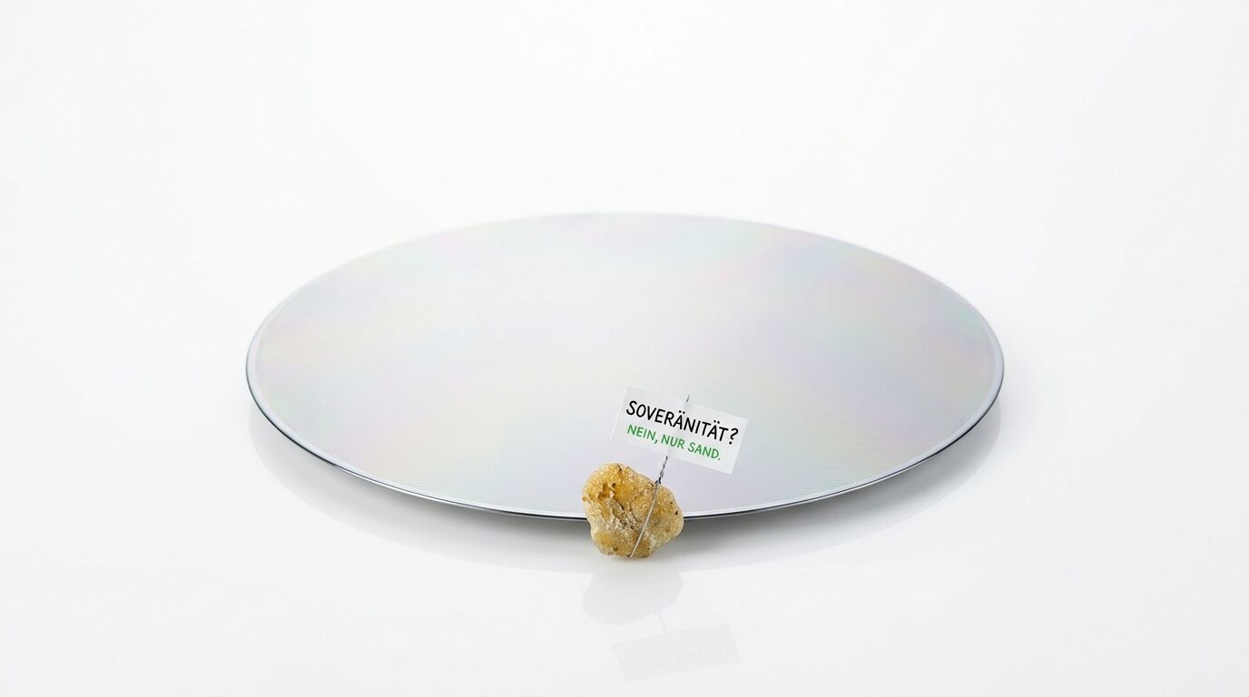 Ein Silizium-Wafer, daneben ein Kieselstein mit einer Fahne, beschriftet: „SOVERÄNITÄT? / NEIN, NUR SAND.“