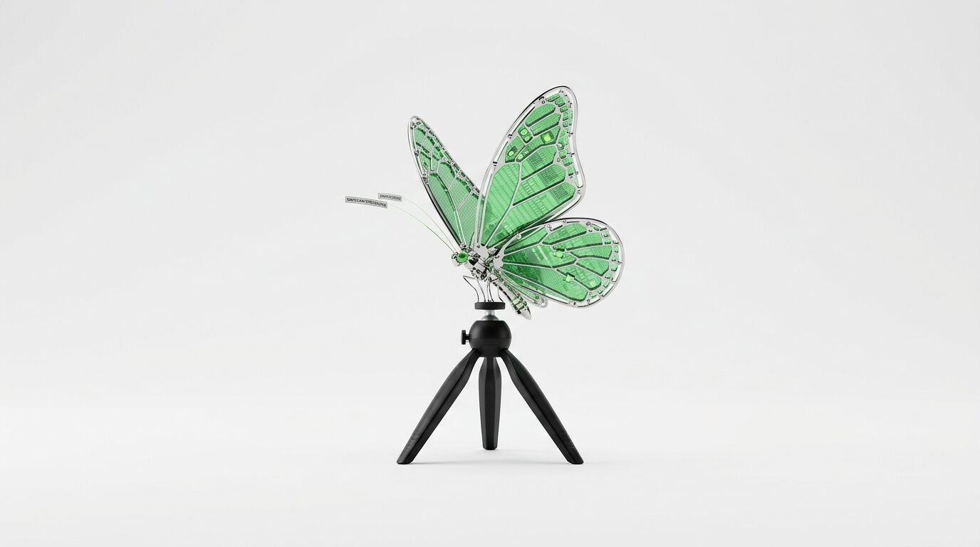 Ein grüner Schmetterling aus Leiterplatten steht auf einem Stativ auf weißem Hintergrund
