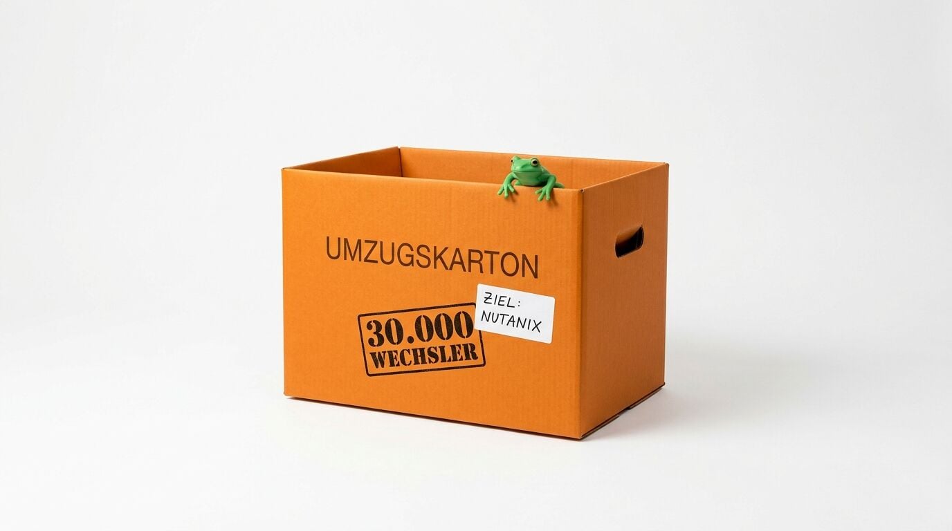 Ein oranger Umzugskarton mit Frosch, Text, Stempel und Etikett auf weißem Grund