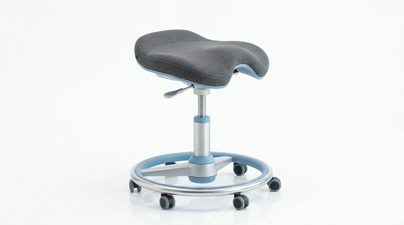 Grauer ergonomischer Sattelhocker mit blau-silbernem Gestell und Rollen vor weißem Hintergrund