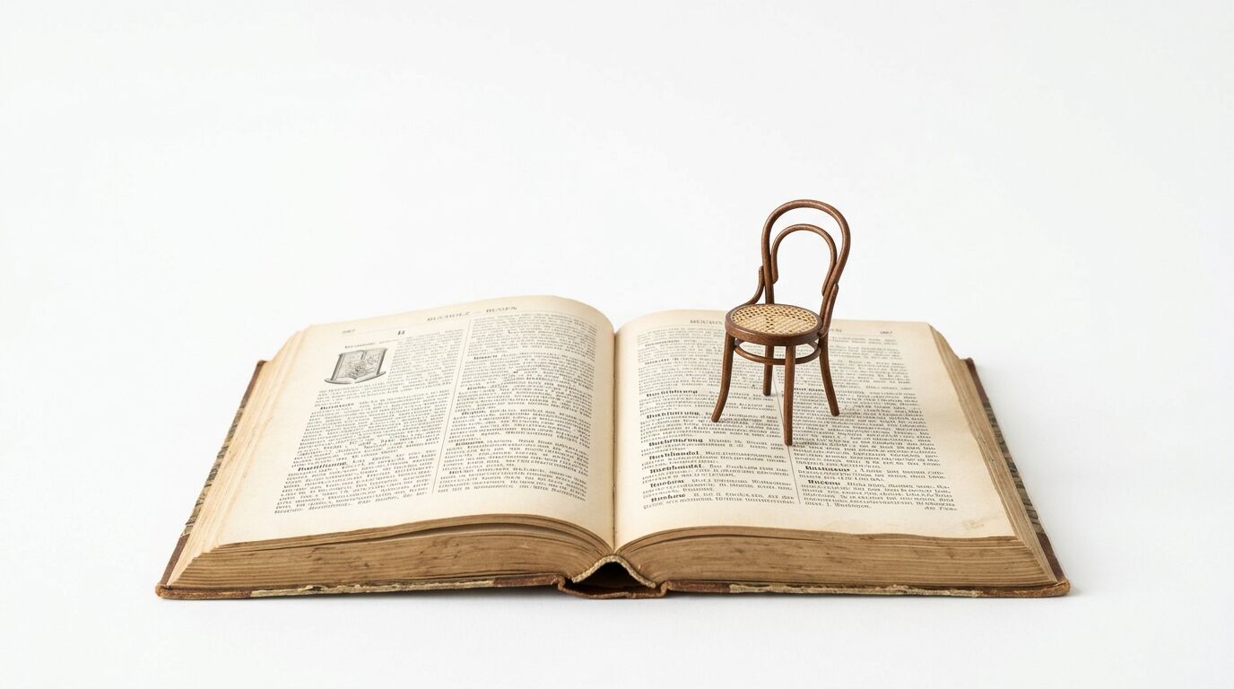 Geöffnetes altes Buch, auf dessen rechter Seite ein Miniatur-Bugholzstuhl steht