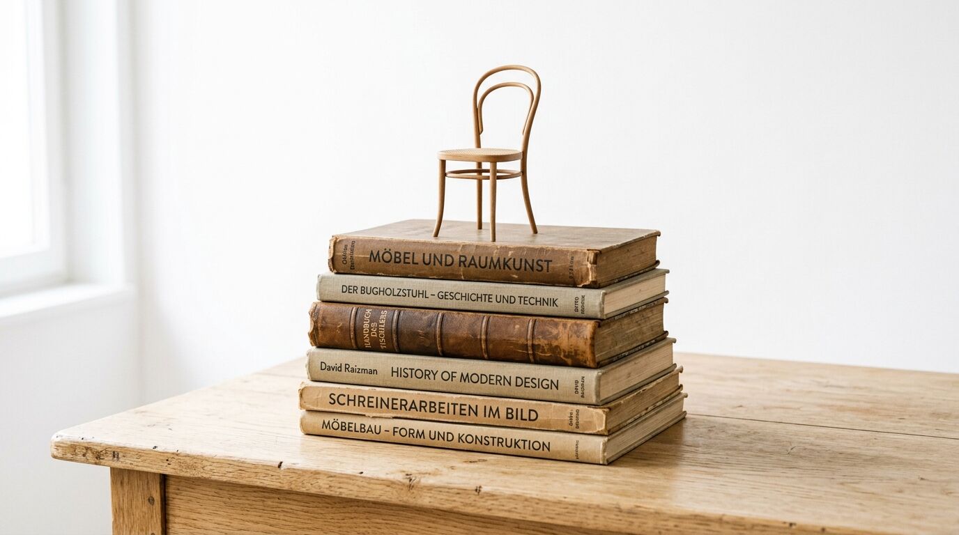 Ein Miniatur-Bugholzstuhl steht auf einem Stapel alter Fachbücher über Möbeldesign und Schreinerarbeiten