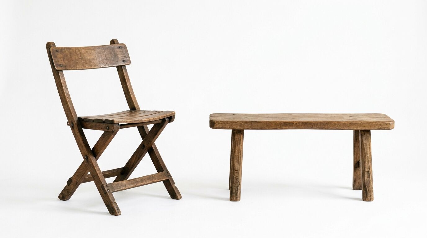 Ein klappbarer Holzstuhl und eine schlichte Holzbank vor weißem Hintergrund
