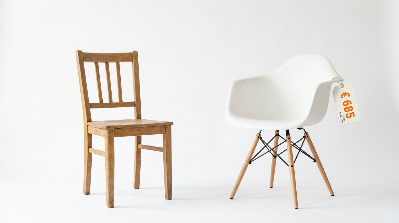 Ein alter Holzstuhl und ein moderner weißer Schalenstuhl mit Preisschild vor weißem Hintergrund