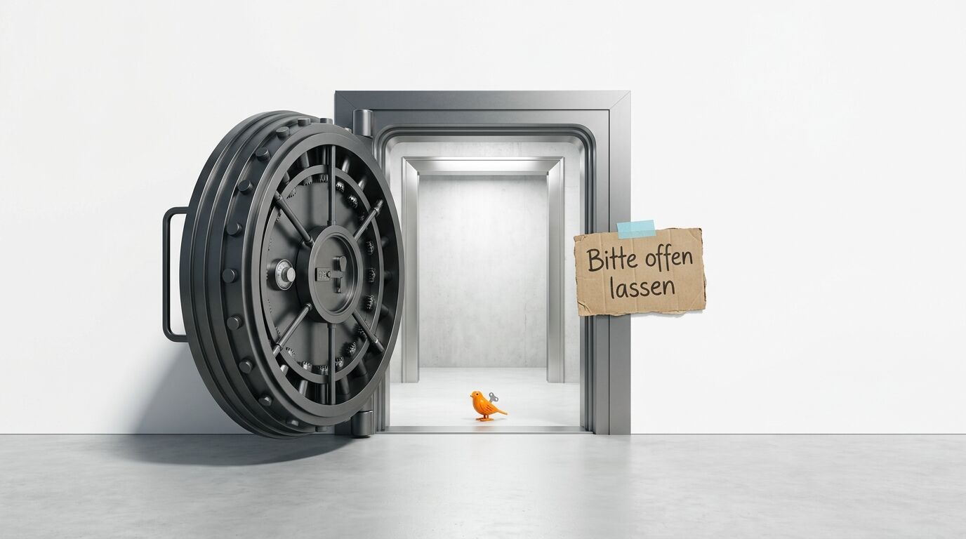 Offener Safe, Aufziehvogel und Pappschild mit Aufschrift „Bitte offen lassen“ im Gang