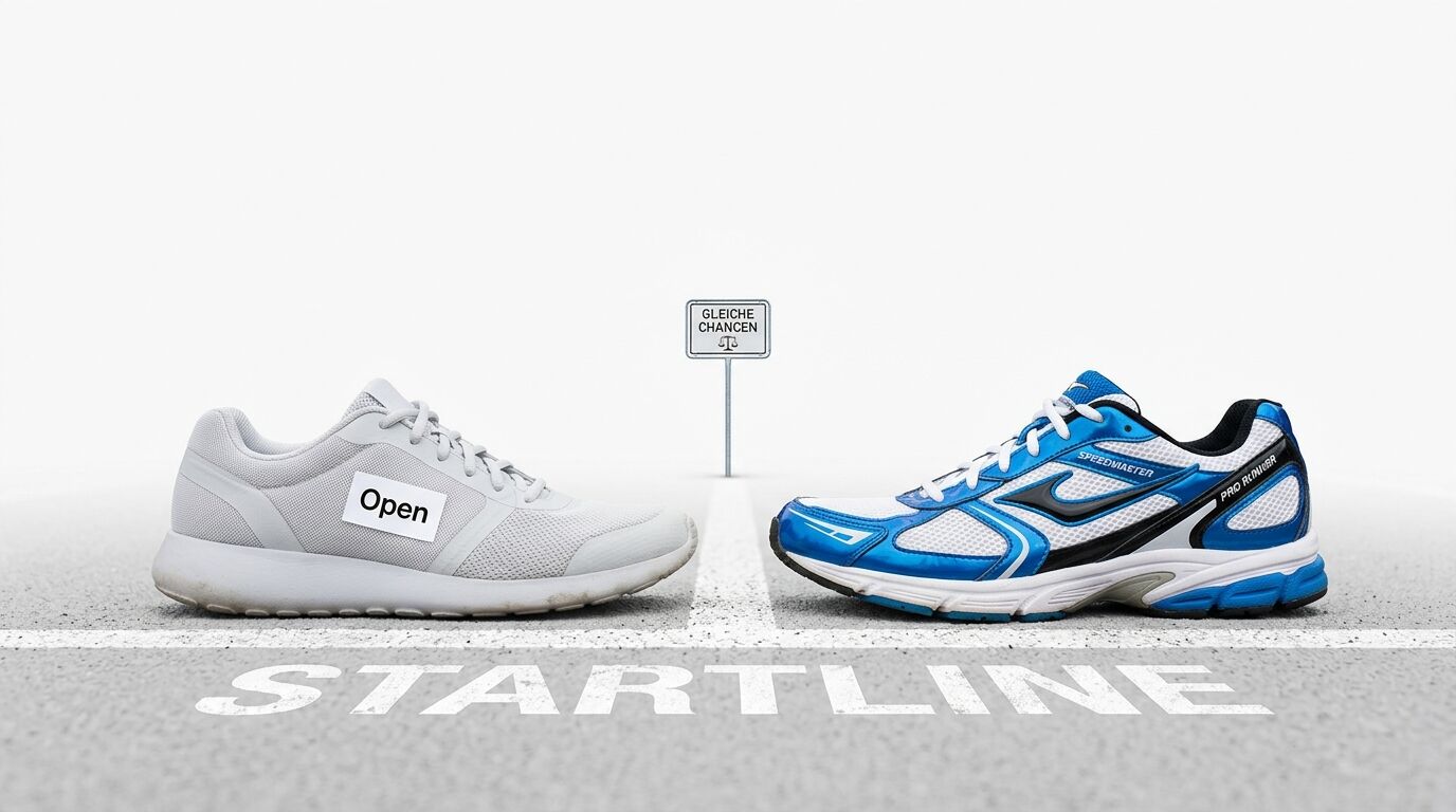 Zwei Laufschuhe an Startlinie mit Schild „GLEICHE CHANCEN“