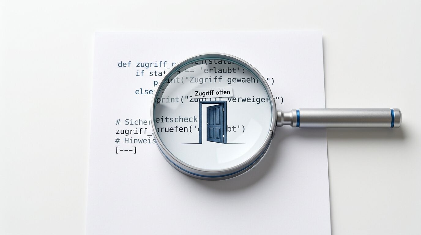 Eine Lupe vergrößert einen Codeausschnitt mit einer offenen Tür