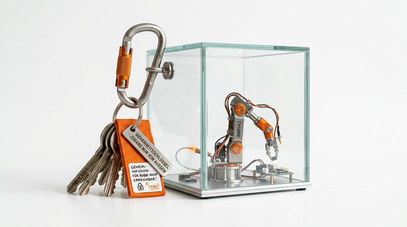 Roboterarm in Vitrine neben Schlüsselbund mit Karabiner und orangefarbenem Anhänger