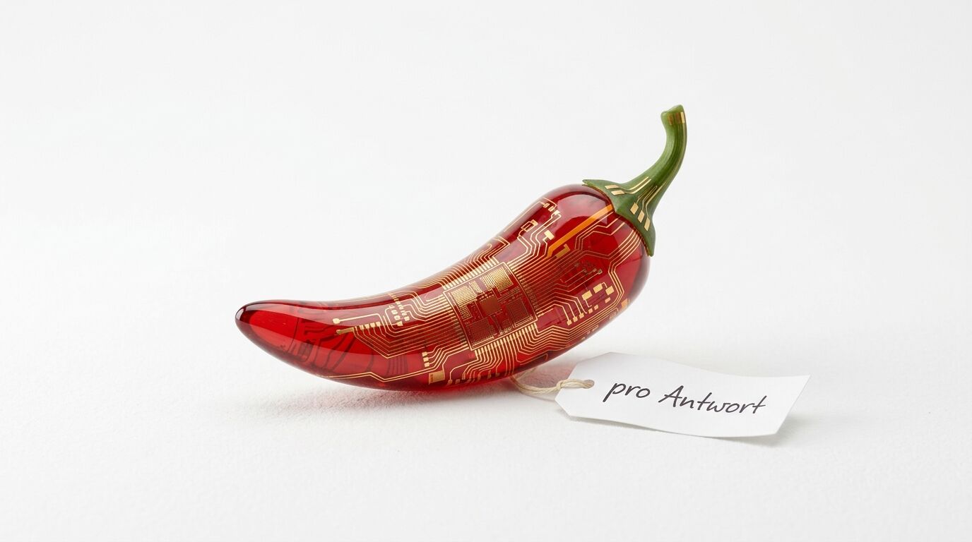 Transparente Chilischote mit Mikrochip, daneben Anhänger 