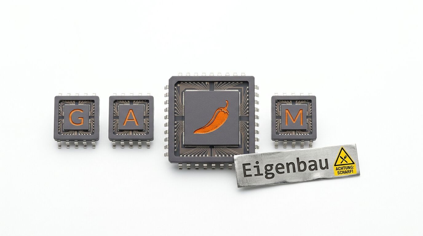 Vier Prozessoren mit Buchstaben G, A, Chili, M und einem Metallsiegel mit Text 