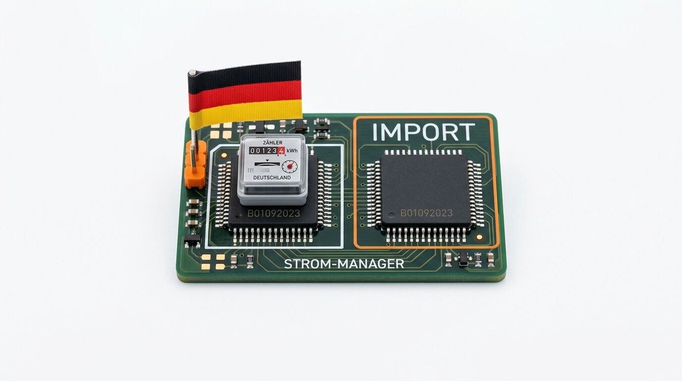 Platine mit Zähler und Deutschlandfahne, beschriftet mit „STROM-MANAGER“ und „IMPORT“