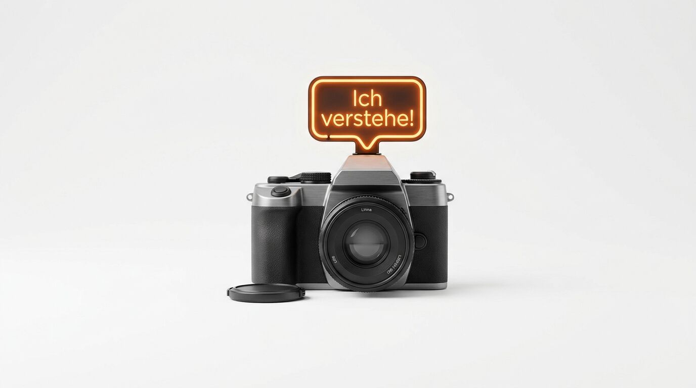 Silberfarbene Kamera mit Leucht-Sprechblase, Text