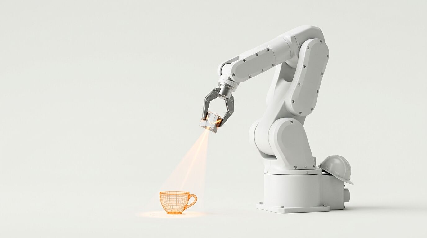Roboterarm scannt Hologramm einer Tasse