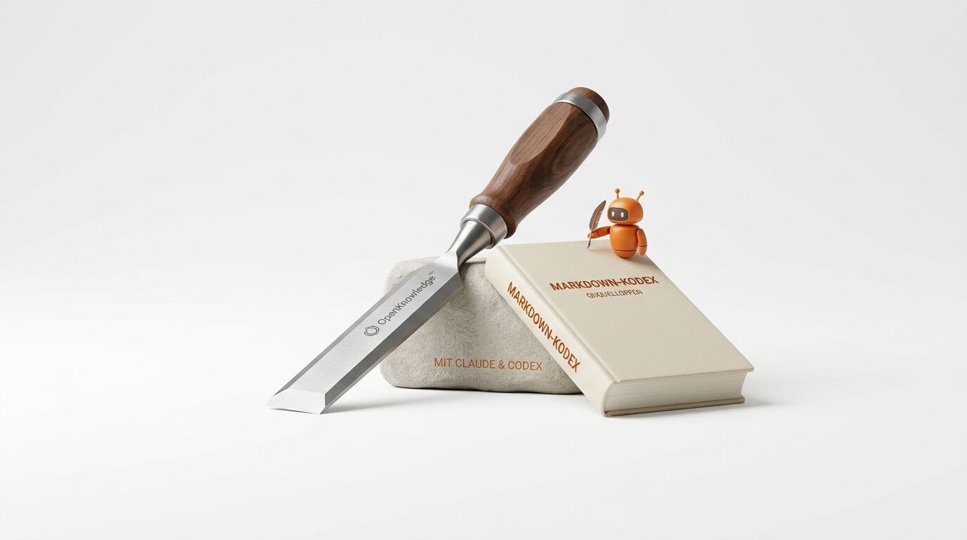 Ein Stechbeitel auf einem Stein, daneben ein Buch und eine kleine orangefarbene Roboterfigur