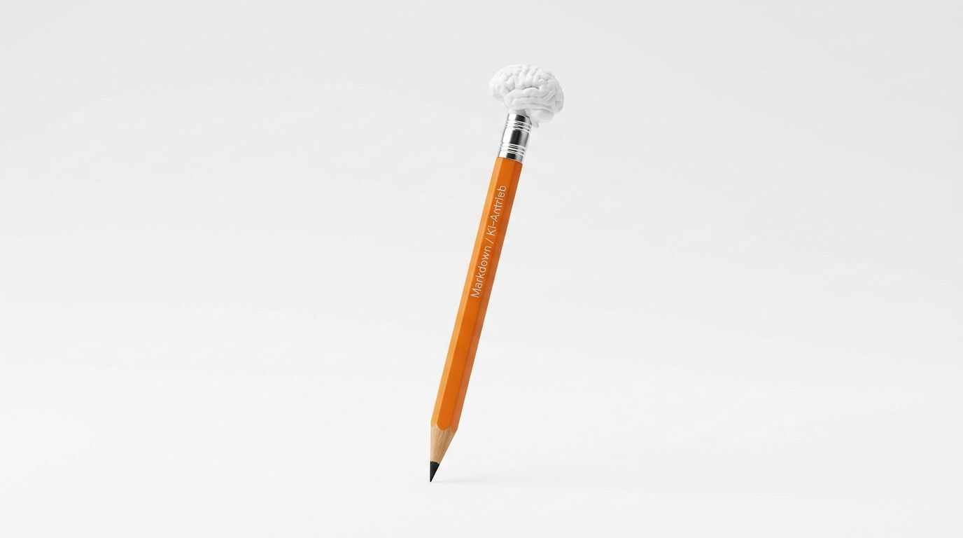 Ein oranger Bleistift mit Gehirn-Radiergummi auf weißem Hintergrund