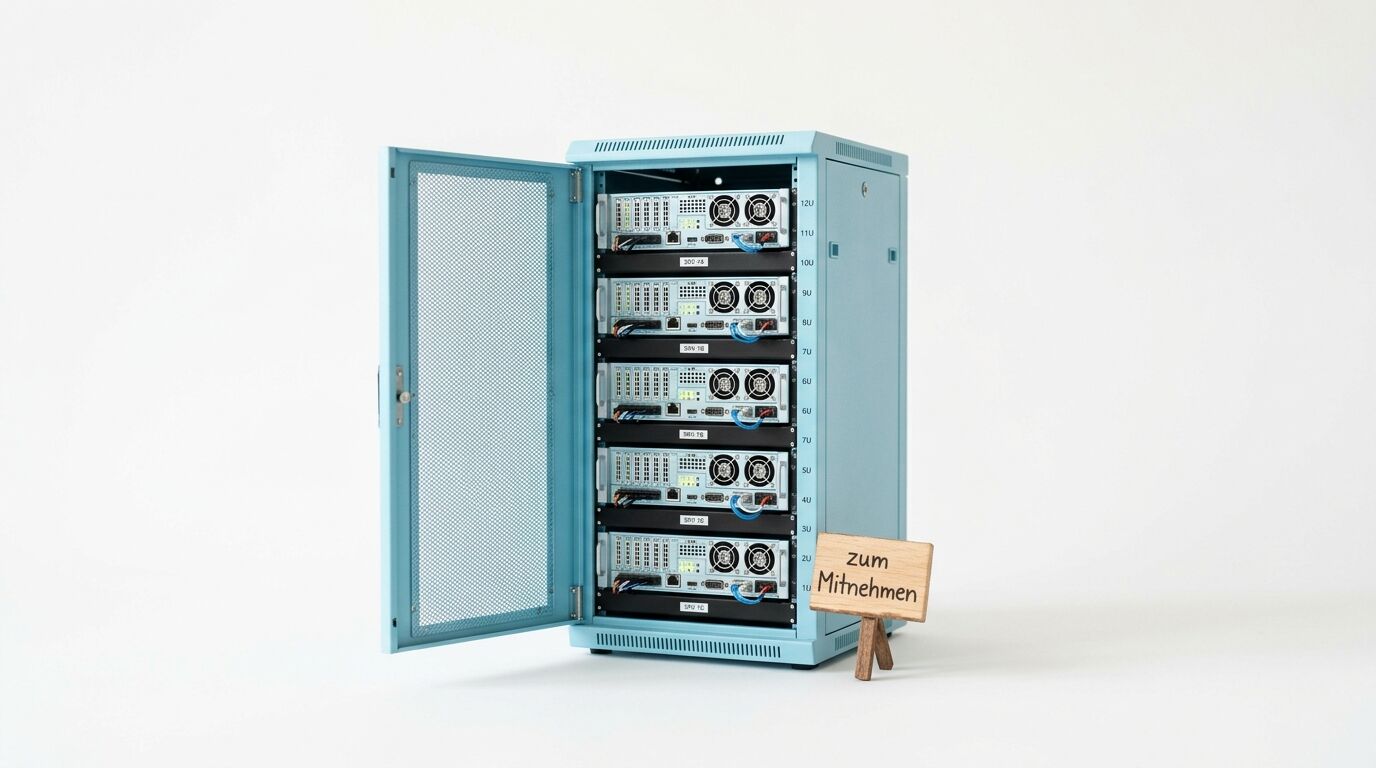 Hellblauer Serverschrank mit geöffneter Tür, daneben ein Holzschild „zum Mitnehmen“