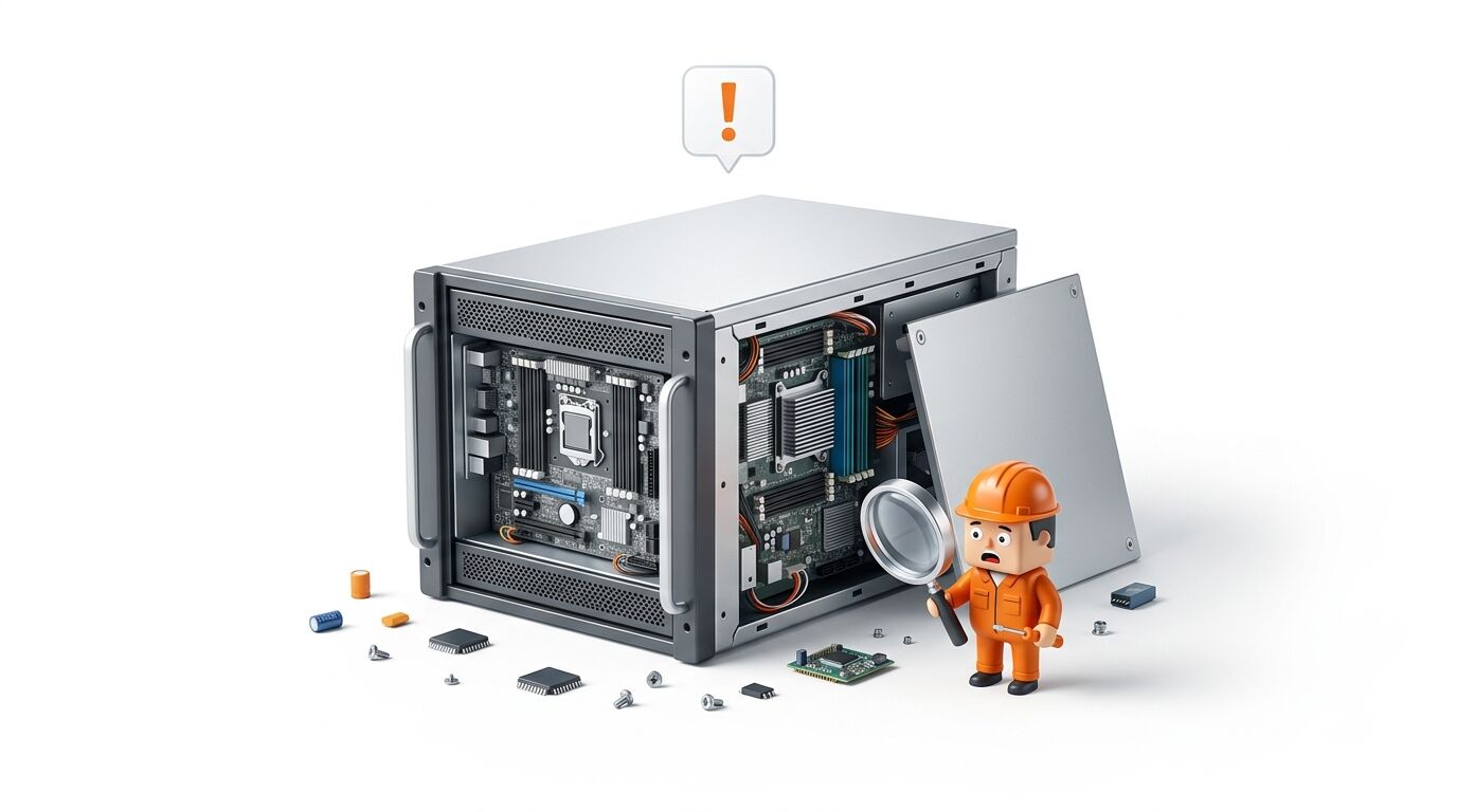 Techniker untersucht Server mit Lupe vor weißem Hintergrund