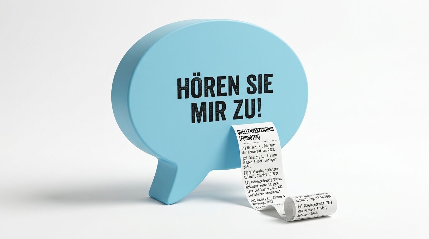 Blaue Sprechblase mit Text „HÖREN SIE MIR ZU!“ und langem Belegzettel unten rechts