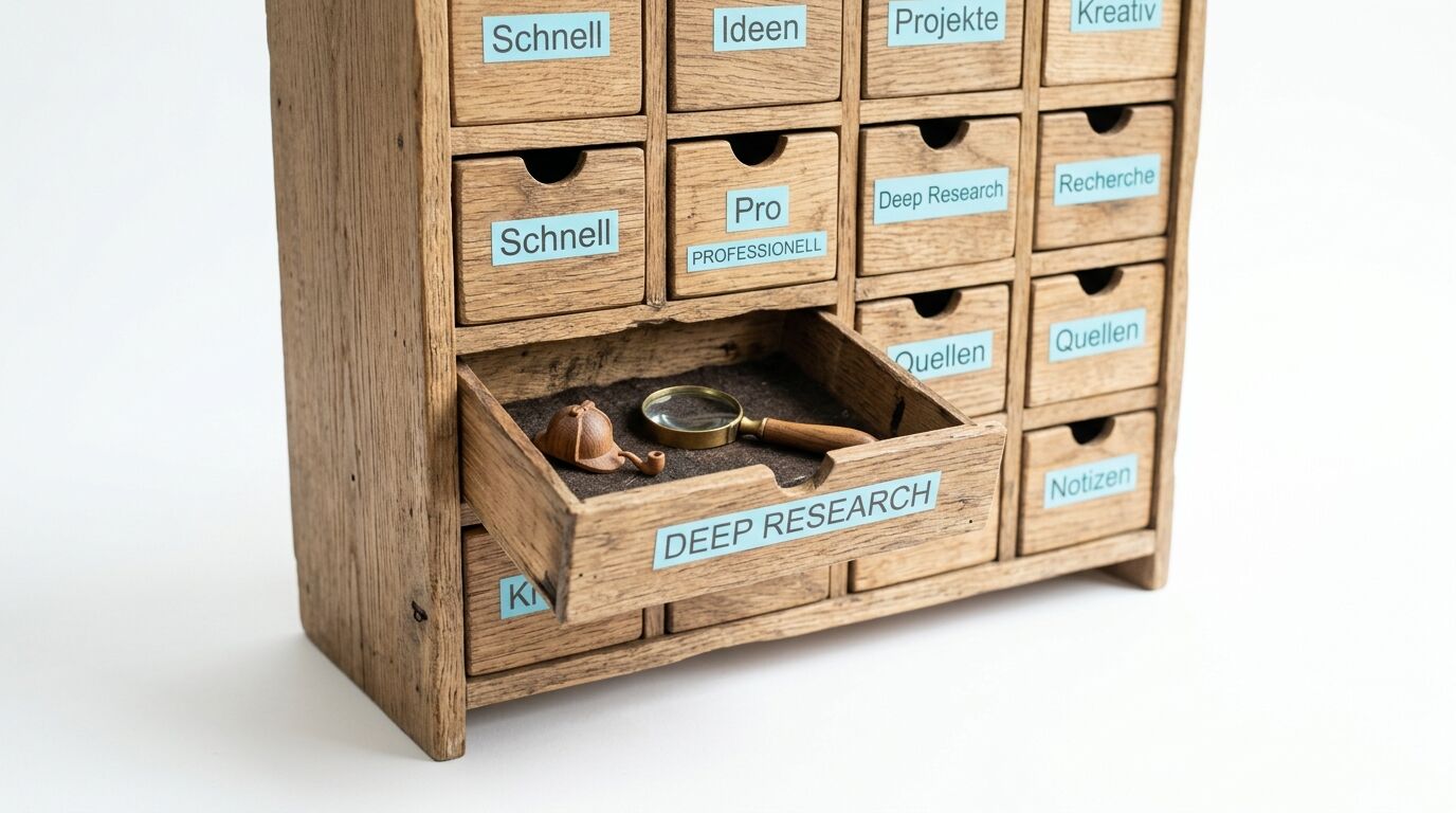 Holzschränkchen mit beschrifteten Schubladen, eine offen mit Lupe und Miniaturhut