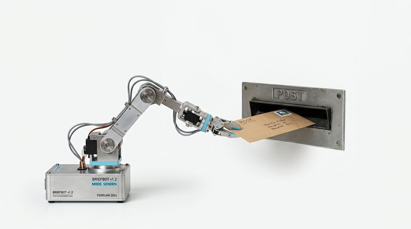 Roboterarm führt einen Briefumschlag in einen Briefschlitz ein, studioaufnahme auf weiß