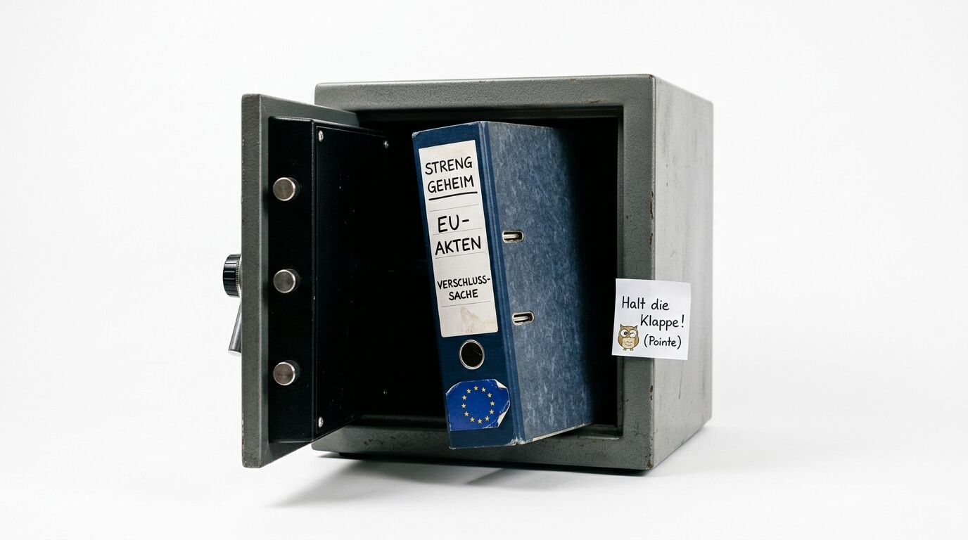 Geöffneter Safe mit einem EU-Aktenordner darin und einer Notiz mit einer Eule davor