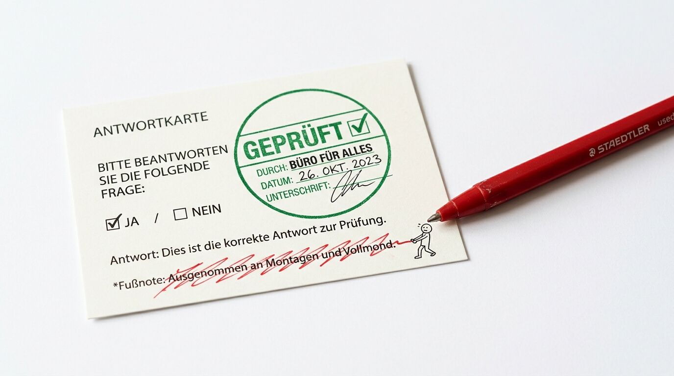 Eine gestempelte, ausgefüllte Antwortkarte aus Papier mit einem roten Kugelschreiber