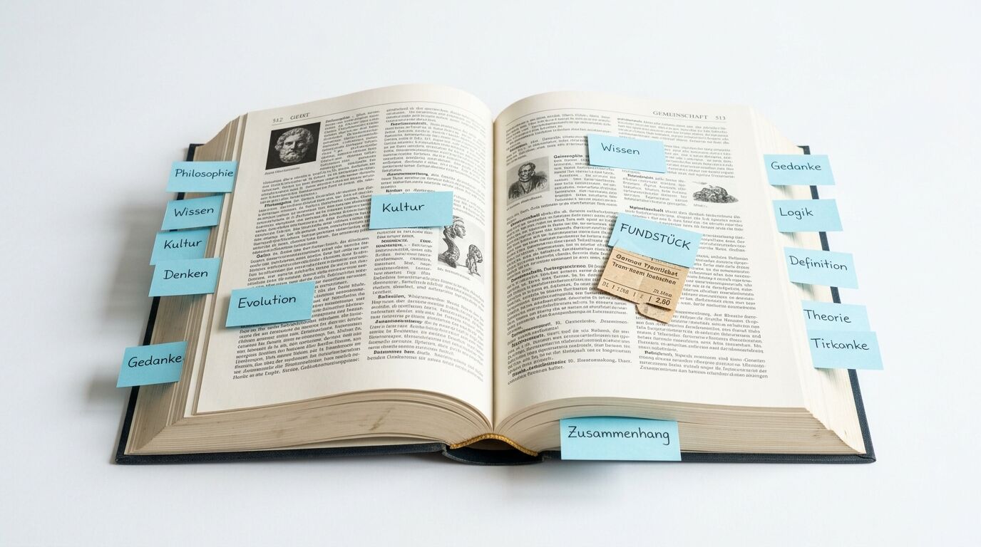 Offenes Buch mit blauen Haftnotizen und einer Fahrkarte auf weißem Hintergrund