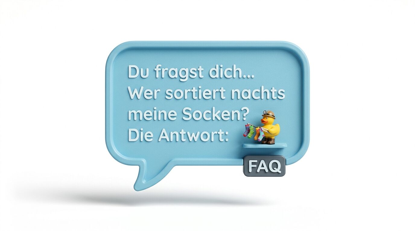 Blaue Sprechblase mit deutschem Text, Quietscheente mit Socken und einem „FAQ“-Schild