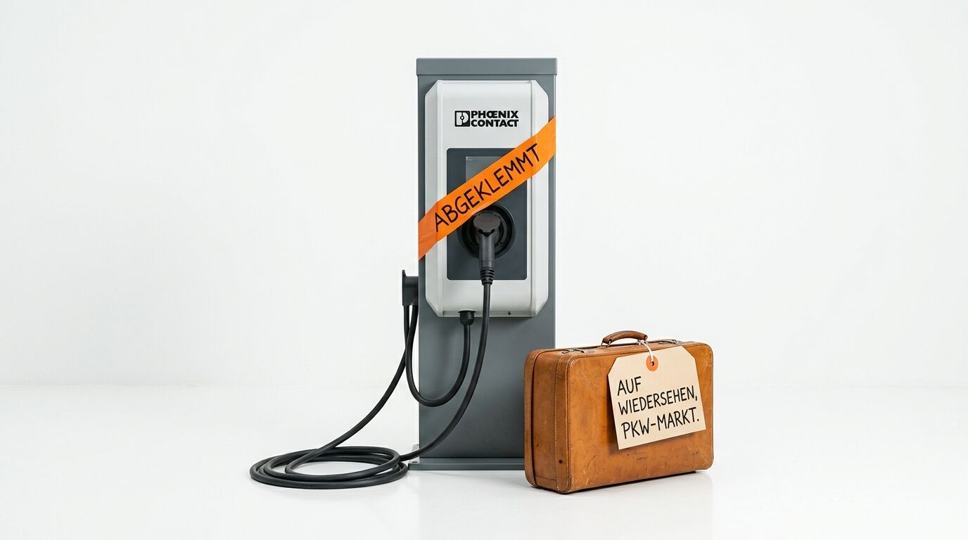 E-Ladesäule mit „ABGEKLEMMT“-Band, daneben Koffer mit „Auf Wiedersehen, PKW-Markt.“-Schild