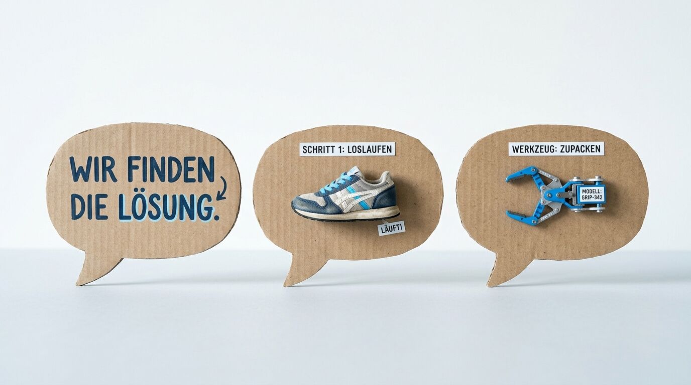 Drei Sprechblasen aus Pappe mit Text, einem Schuh und einem Werkzeug vor weißem Hintergrund
