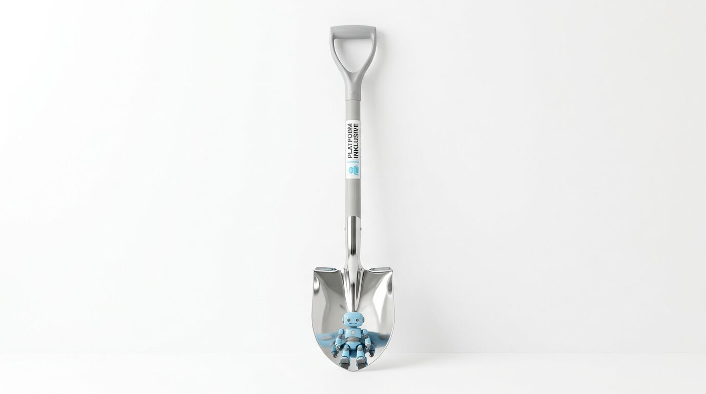 Eine silberne Schaufel mit Roboter-Aufkleber am Stiel und einem blauen Spielzeugroboter im Blatt