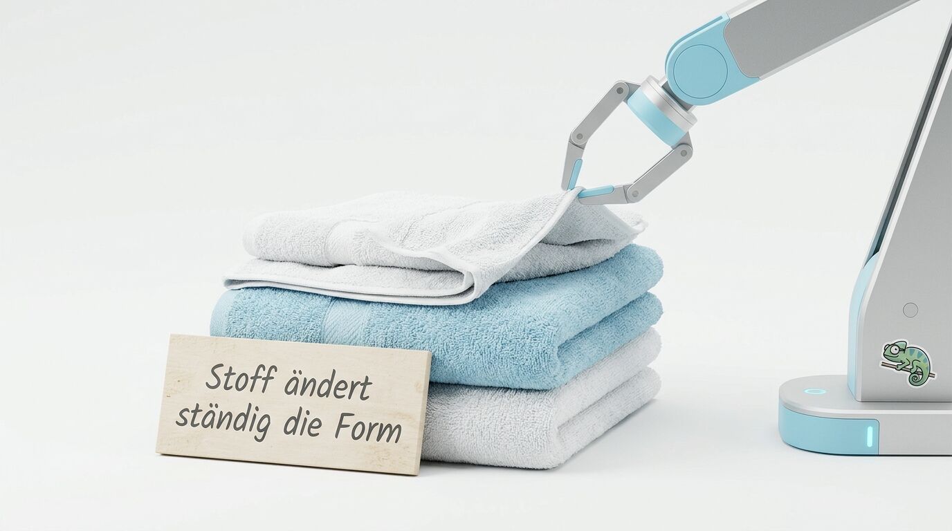 Roboterarm greift Handtücher; Schildtext: „Stoff ändert ständig die Form“