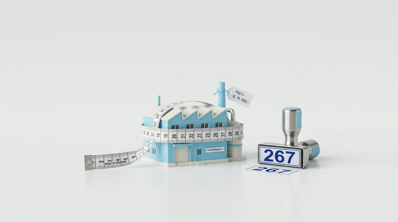 Modellfabrik mit Maßband und Preisschild, daneben Metallstempel mit der Nummer 267 auf Weiß