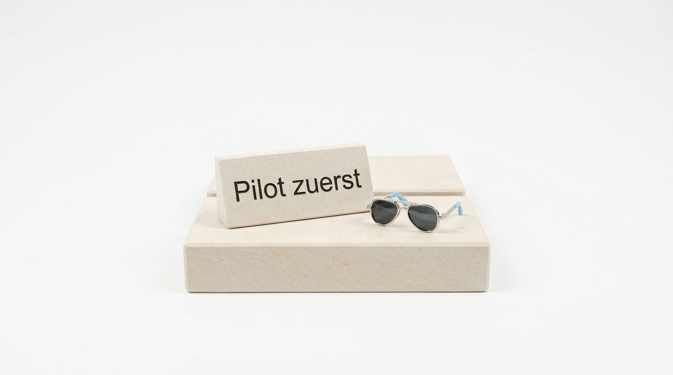 Textblock „Pilot zuerst“ und Sonnenbrille auf hellem Sockel