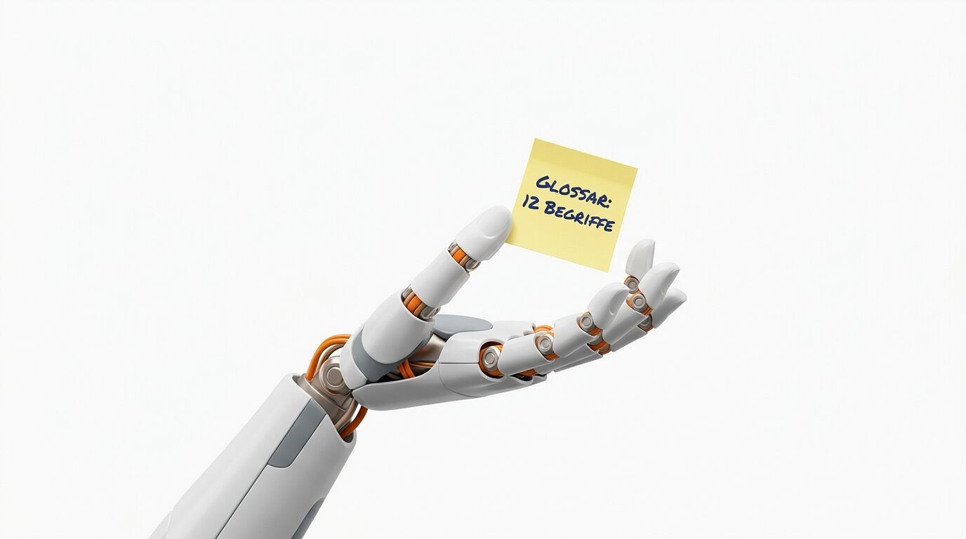 Roboterhand hält gelben Zettel mit Aufschrift „GLOSSAR: 12 BEGRIFFE“