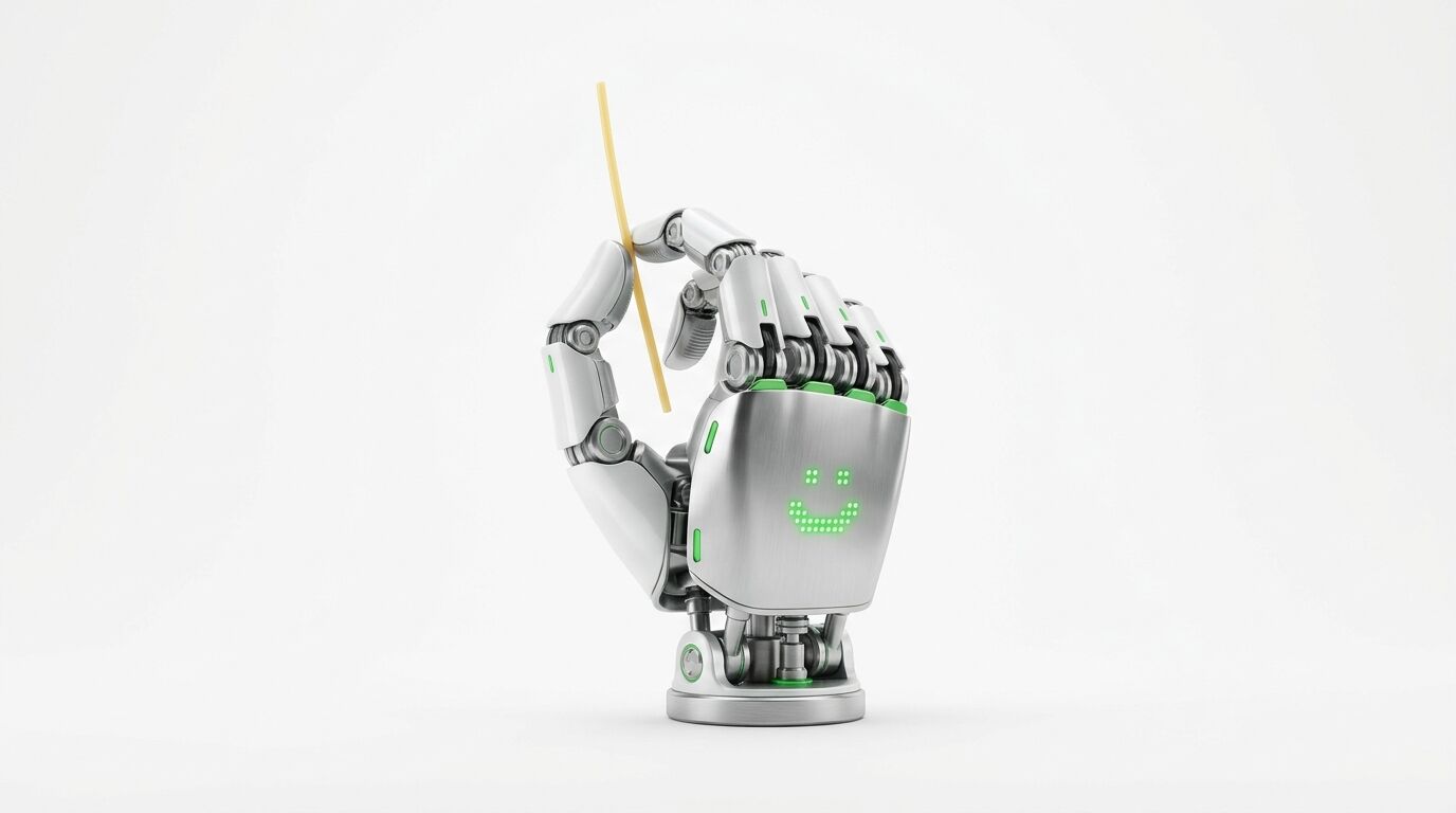 Roboterhand mit grünem Leucht-Smiley hält Spaghetti vor weißem Hintergrund
