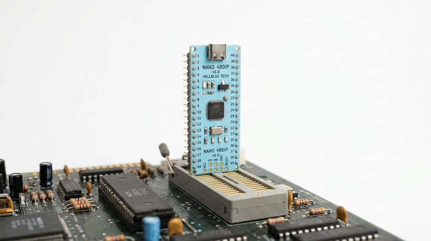 Mikrocontroller-Modul steckt senkrecht in einem Sockel auf einer elektronischen Leiterplatte