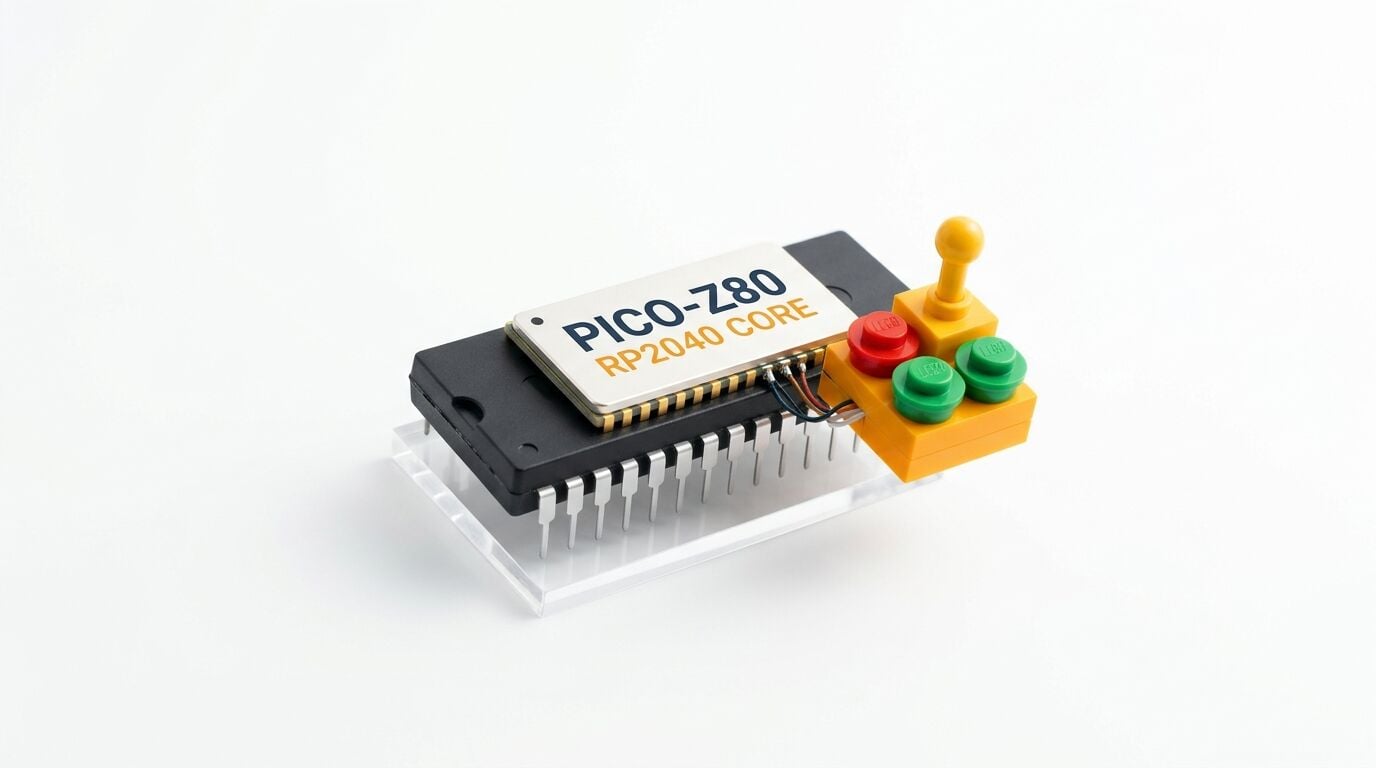 Ein „PICO-Z80 RP2040 CORE“-Board auf einem DIP-Sockel mit einem Lego-Joystick und -Knöpfen