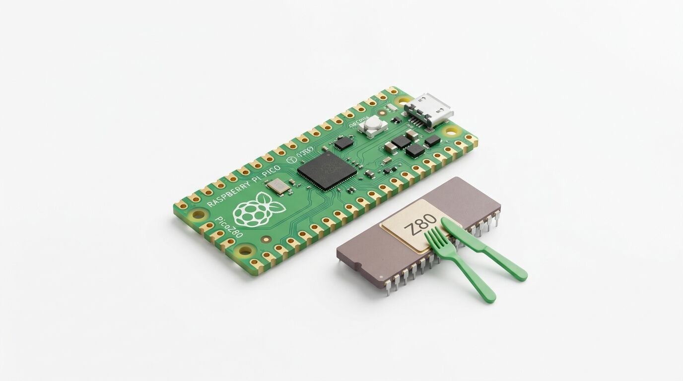 Raspberry Pi Pico neben Z80-Prozessor mit kleinem Besteck