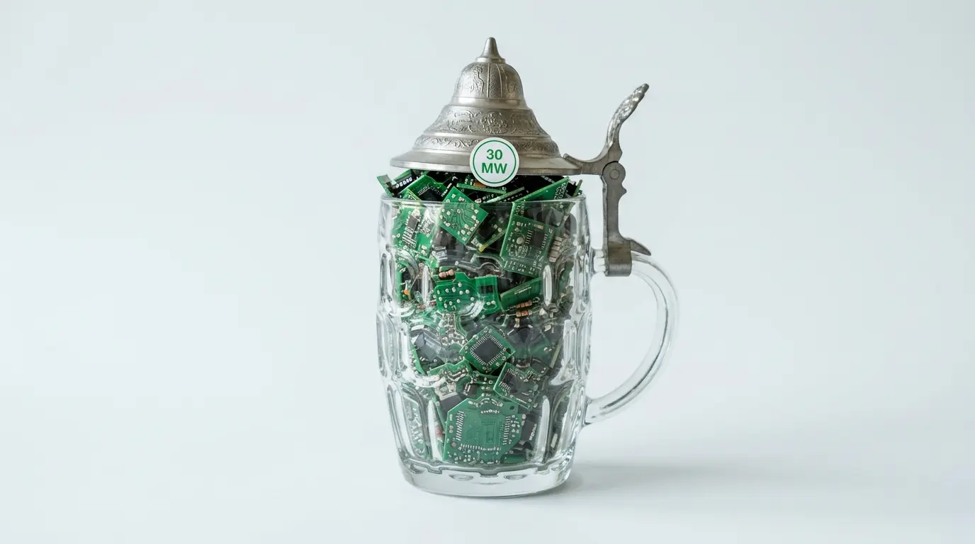 Bierkrug mit Metalldeckel, gefüllt mit grünen Leiterplatten und einem Aufkleber „30 MW“