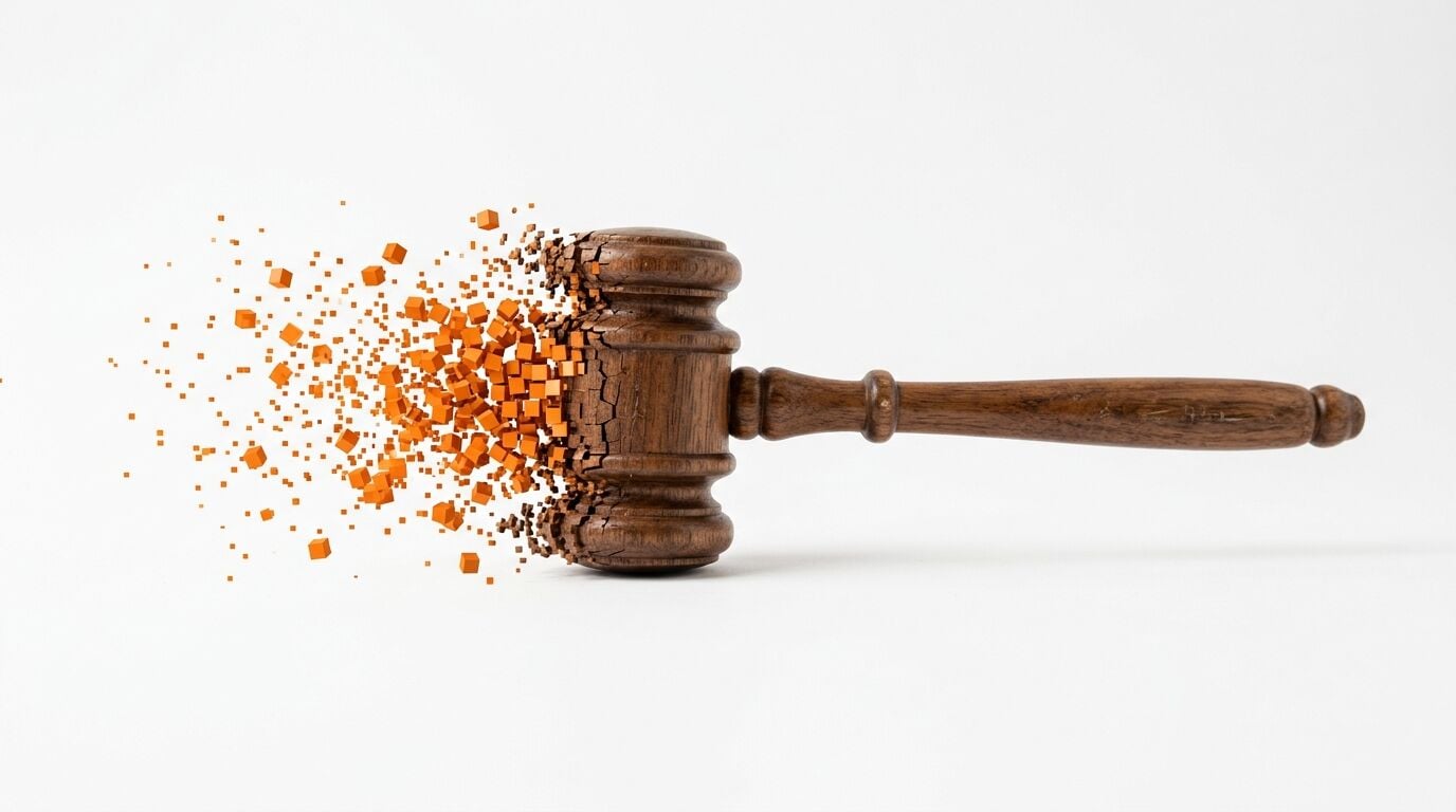 Holzhammer zerfällt links in orangefarbene Würfel vor weißem Hintergrund