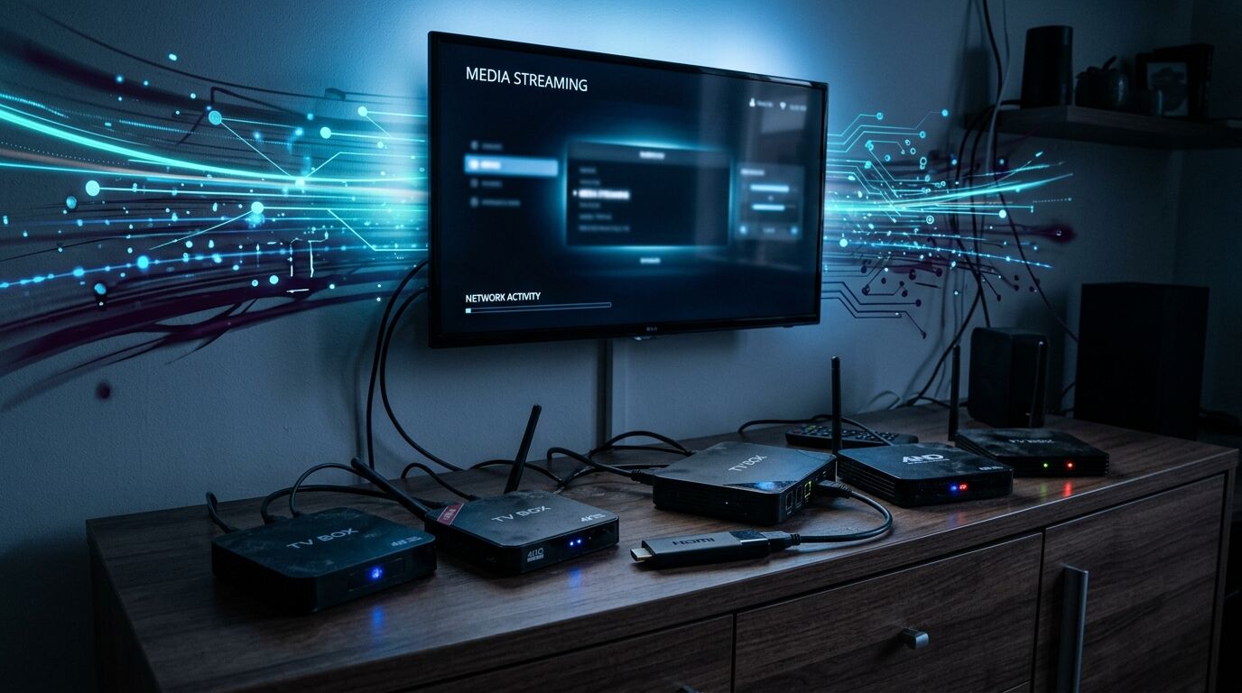 TV-Boxen, Kabel und ein Monitor, der ein Streaming-Menü mit blauen Lichtstreifen anzeigt