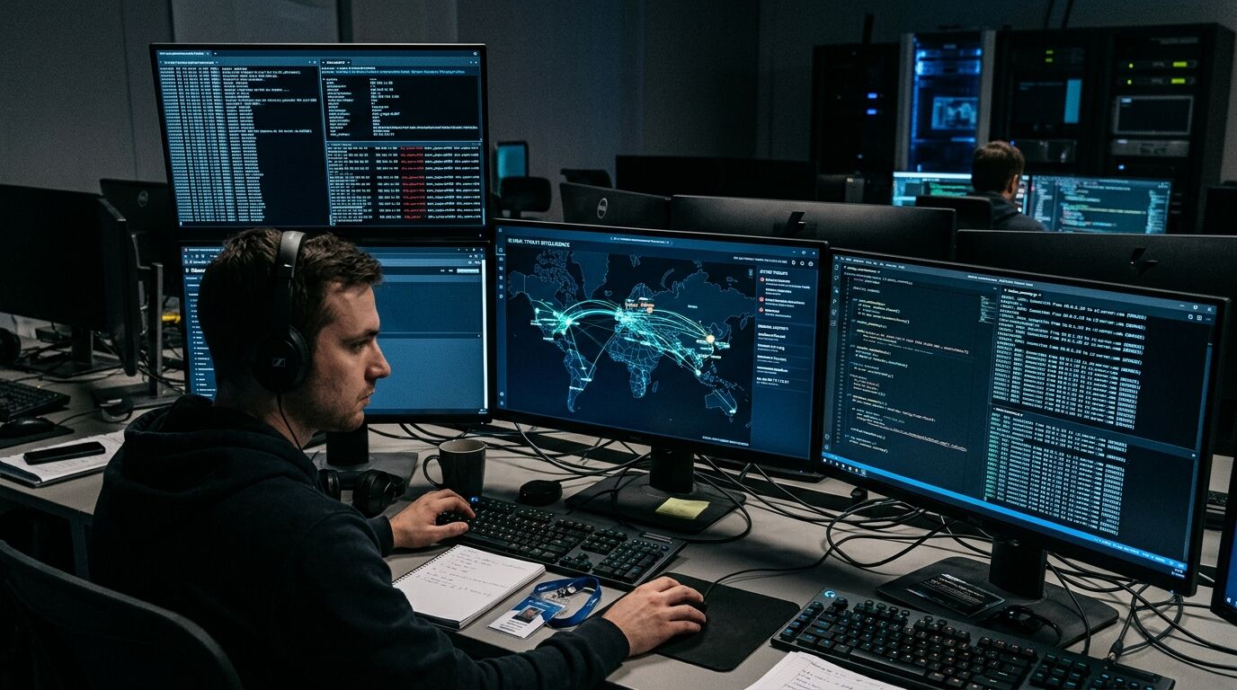 Ein Mann mit Kopfhörern sitzt an einem Schreibtisch mit mehreren Monitoren, die Code und eine Weltkarte anzeigen, in einem IT-Zentrum