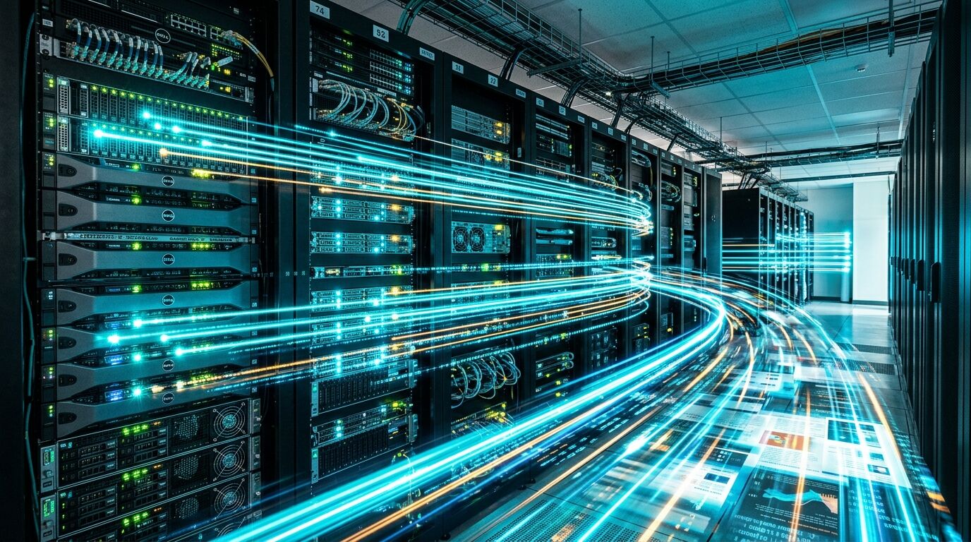 Ein Rechenzentrum mit leuchtenden Datenströmen, die durch Serverracks fließen